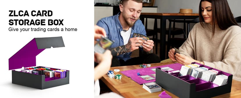 ZLCA Card Storage Box for MTG PTCG, Commander Deck Box Holds 3000+ Cards, Card Storage Case with 4 Stoppers, Card Organizer for TCG Sport Cards(Black&Purple)