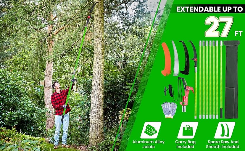Pole Saws for Tree Trimming, 7.3-27 ft Manual Pole Saw Extendable Tree Trimmer, Long Branch Trimmer Tree Pole Pruner Saw Blades and Scissors Set for Pruning Palms and Shrubs