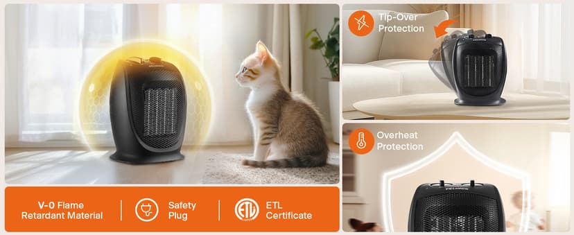 PELONIS PHTA1ABB Portable, 1500W/900W, Quiet Cooling & Heating Mode Space Heater for All Season, Tip Over & Overheat Protection,for Home, Office Personal Use, Black , 9inch