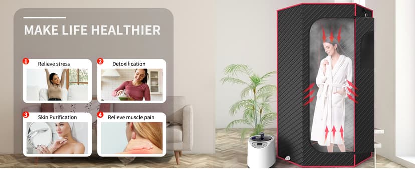 Portable Sauna Box, Steam Sauna for Home with 3L Steamer, Remote Control, Folding Chair and Mat, Personal Sauna Tent for Wellness & Relaxation, 15 Levels, Red
