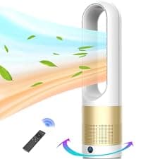 Bladeless Heater and Fan Combo, 1400 Watt Heater Fan and 40 Watt Cold Fan, 80° Oscillating Fan, All the Season Use, Remote and Touch Control, Floor Tower fan, Office Room, Bedroom, Blue White