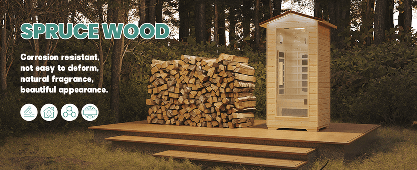 1 Person Outdoor Infrared Sauna - 3D Fast Heating Home Spa Sauna w/Chromotherapy Light, Wooden Sauna Room Kit w/Bluetooth Speaker (CE Certified,110V)