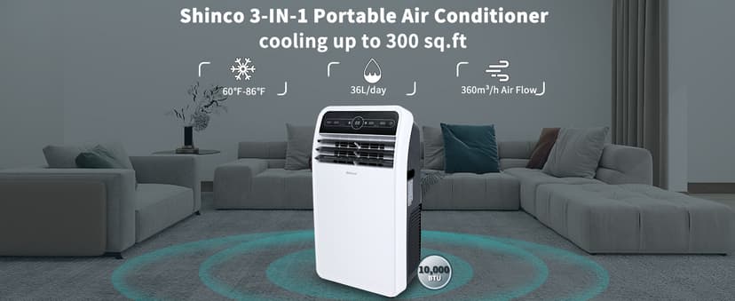 Shinco 10,000 BTU Portable Air Conditioner, Portable AC Unit with Built-in Cool, Dehumidifier & Fan Modes for Room up to 300 sq.ft, RC, 24 Hour Timer, Window Kit