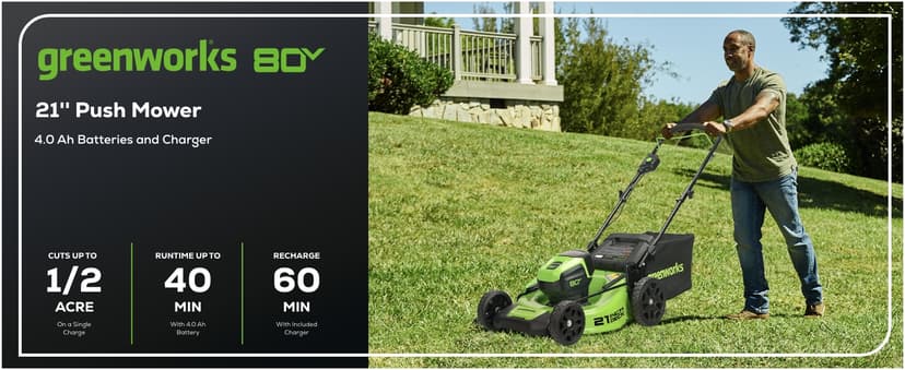 Greenworks 80V 21" Brushless Cordless (Push) Lawn Mower (75+ Compatible Tools), 4.0Ah Battery and 60 Minute Rapid Charger Included