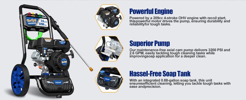 TOOLCY Gas Pressure Washer 3200 PSI & 2.6 GPM, High Performance Engine, Includes Swivel Spray Gun and Wand, 35FT Power Washer Hose, 5 Nozzle Tips, Onboard Soap Tank, for Cars/Driveways/Homes