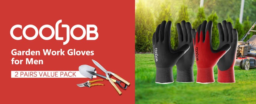 COOLJOB Gardening Gloves for Men, 2 Pairs Breathable Rubber Coated for Garden Weeding Landscaping, Outside Work for Lawn Yard, Men's Medium Size, Black & Red