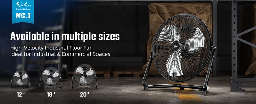 Simple Deluxe 20 Inch 3-Speed High Velocity Heavy Duty Metal Industrial Floor Fan for Warehouse, Workshop, Factory and Basement, Black, 2 Pack