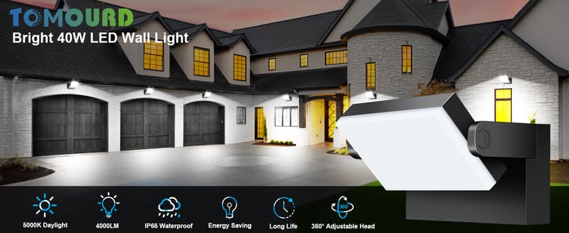 40W LED Outdoor Wall Lights, 5000K Water Resistant Exterior Wall Pack Light, 360 ° Adjustable Head Flood Wall Lighting Self-Developed Security Commercial Wall Mount Fixture for Yard Porch