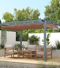 Aoxun 10'x10' Outdoor Pergola, Retractable Adjustable Roof, Aluminum Sun Shade Canopy, Modern Metal Patio Brown Shade Cover for Garden, Backyard and Deck