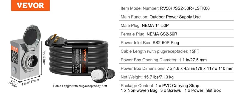 VEVOR 50 Amp Generator Cord and Power Inlet Box Kit, 15FT Generator Extension Cord NEMA 14-50P/SS2-50R STW 6/3+8/1 AWG with Twist Lock Connector, Pre-Drilled Inlet Box, ETL Listed