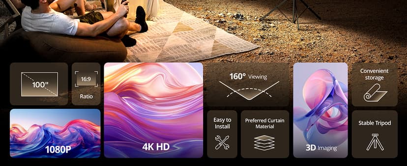 Projector Screen with Stand - 100" Indoor/Outdoor 16:9, 4K HD PVC Screen with 1.5 Gain, 2IN1 for Backyard Theater & Wall Hanging, Includes Carry Bag