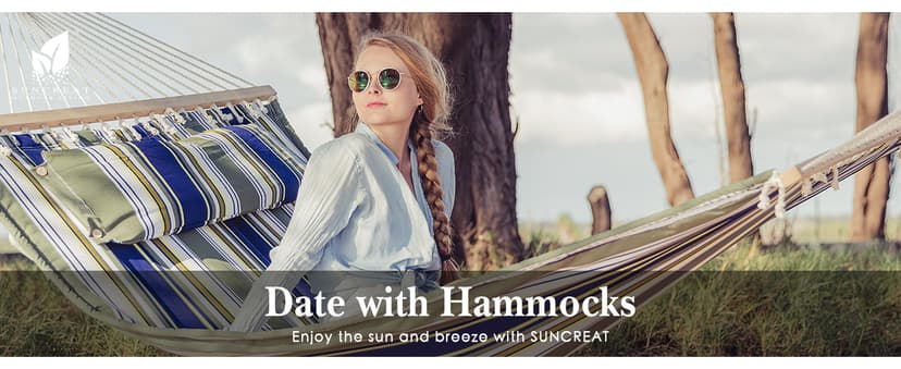 SUNCREAT Double Hammock, Extra Large Quilted Fabric Swing with Hardwood Spreader Bars & Detachable Pillow, Heavy Duty, Perfect for Indoor/Outdoor Patio, Deck, Yard, Blue&Aqua