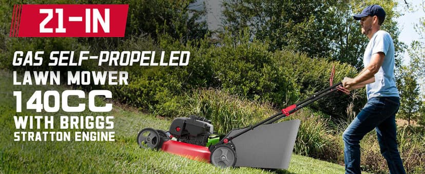 PowerSmart 21-Inch Gas Self-Propelled Lawn Mower, 140cc 4-Stroke B&S Engine, 3-in-1 Function (Mulching, Bagging, Rear Discharge), 6 Height Settings, 10" Rear Wheels, 1.4 Bushel Grass Bag