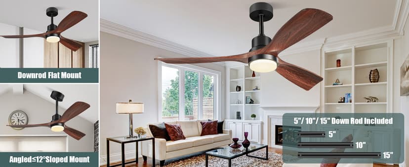 Ceiling Fans with Lights and Remote, 52 Inch Outdoor Ceiling Fan for Patios with Light 3 Downrods, 3 Blades Modern Ceiling Fan Noiseless Reversible DC Motor, Wood Fan for Farmhouse