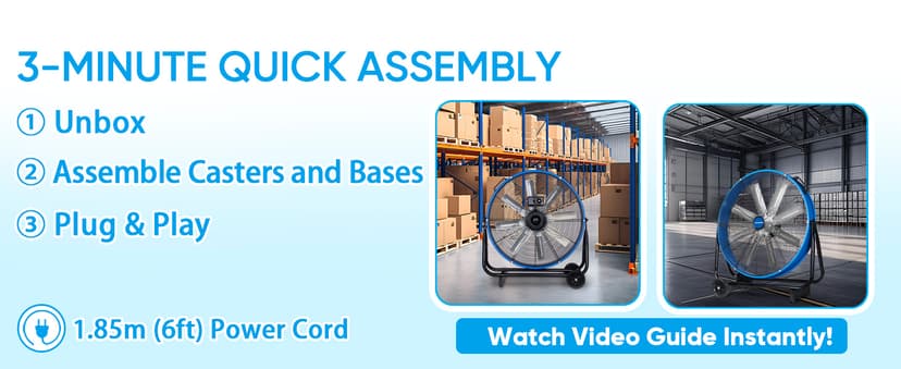 KEN BROWN 24 Inch Industrial Drum Fan, High Velocity Floor Shop Fan, Heavy Duty, 9500 CFM, 8 Blades, 3 Speeds, 360 Degree Tilt, Ideal for Industrial, Commercial, Gym, Garage Use, Blue