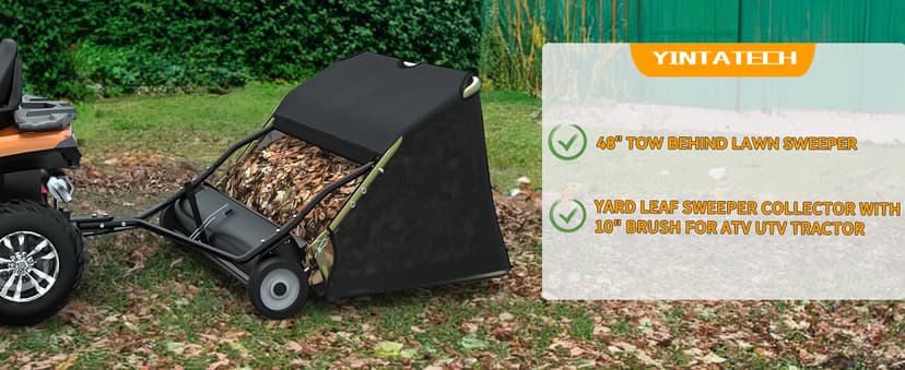 YINTATECH 48" Lawn Sweeper, Tow Behind Leaf Collector, Pine Needle, Pine Cone, Grass Sweeper,Black