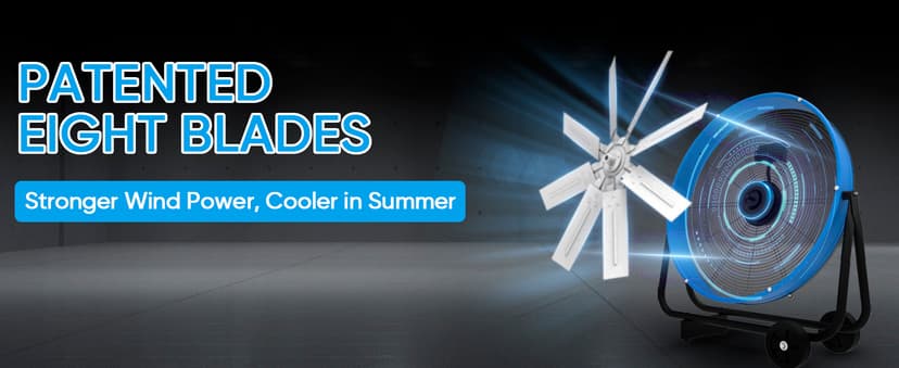 KEN BROWN 24 Inch Industrial Drum Fan, High Velocity Floor Shop Fan, Heavy Duty, 9500 CFM, 8 Blades, 3 Speeds, 360 Degree Tilt, Ideal for Industrial, Commercial, Gym, Garage Use, Blue