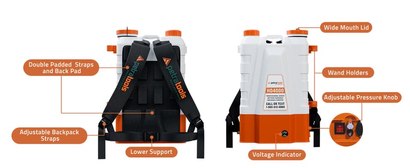 PetraTools Battery Powered Backpack Sprayer 4 Gallon - 6 Hours Long Battery Life & Padded Straps for Comfort - HD4000 Electric Backpack Garden Sprayer with 6 Spray Nozzles & 90PSI Adjustable Pressure
