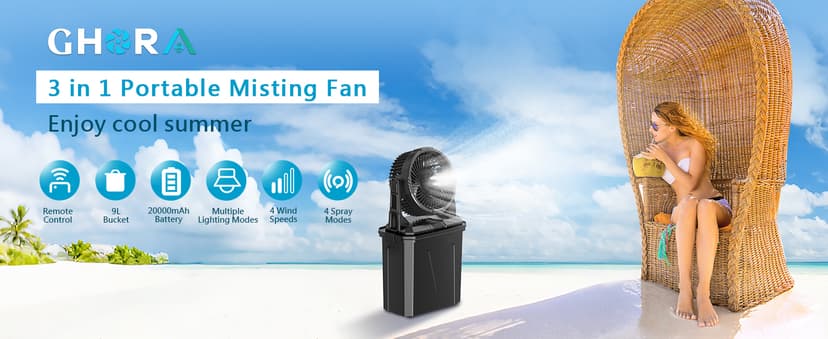 GHORA Portable Misting Fan with Remote,Camping Fan with 20000mAh Rechargeable Battery,9L Water Tank,4 Speed Levels,4 Spray Modes,RGB Lights for Fishing,Travel,Garden Parties,Outdoor Indoor Cooling
