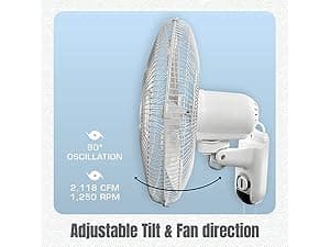 Hurricane Classic Oscillating Wall Mount Fan w/ 3 Quite Speeds, White, 16" - Corded Electric Air Cooling Unit w/Easy Pull Cord Controls for Home, Grow Tents, Offices, Sheds, Studios, Garages & Dorms