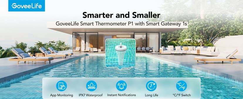 GoveeLife Smart Pool Thermometer with WiFi Gateway, Digital Swimming Water Thermometer Temperature Monitor with IPX7 Waterproof, Remote App Notification Alert for Ice Bath Tub, Fishbowl, Pond, Hot Tub