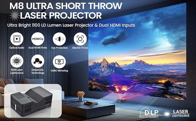 AAXA M8 UST Ultra Short Throw 4K Laser Projector 1100 LD Lumens, BT 5.4, WiFi 6, USBC Mirroring, 2xHDMI, Optical Audio, Efocus, Auto Keystone, Smart Technology