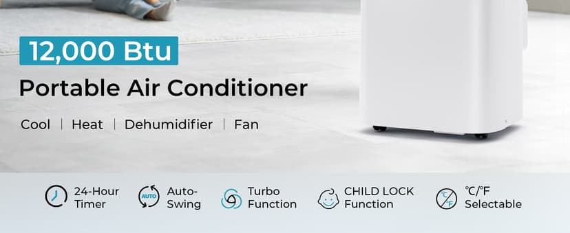 EUHOMY Portable Air Conditioners 12,000 Btu, 4 in 1 Portable Cooling AC with Heat, Dehumidifier, Fan Modes, Quiet Stand-up AC with 46dB Low Noise & Sleep Mode for Bedrooms, room up to 550 Sq.Ft