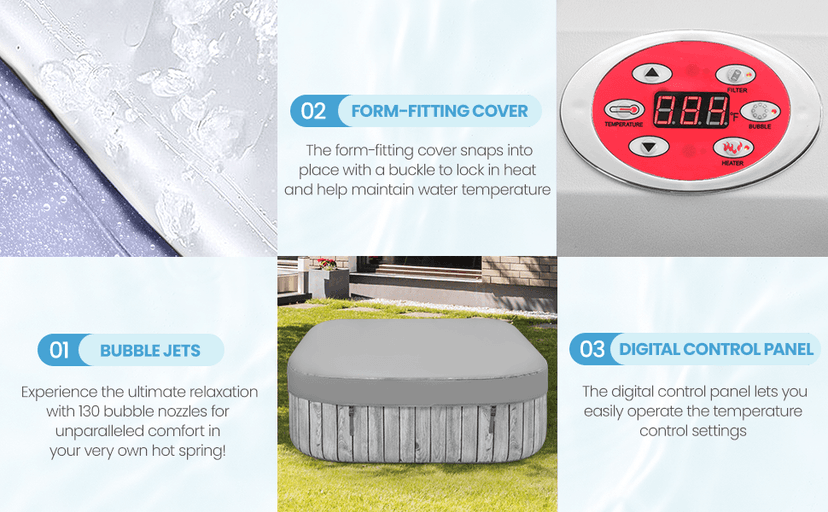 Inflatable Spa Set, Blow Up Hot Tub Outdoor for 4-6 Person, Outdoor Bubble Massage Portable Hot Tub with 130 Soothing Jets, Built in Heater Pump and 6 Filter Cartridges (Square)