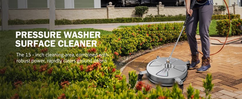 15" Pressure Washer Surface Cleaner with 4 Wheels - Stainless Steel Surface Cleaner for Pressure Washer Attachment for Concrete, Patio, Sidewalk, Deck, Driveways and Daily Washing - PWS 15