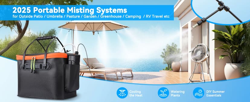 Ausic Portable Misting Systems, Outdoor Water Cooling Misters Set with 6000mAh Water Pump, 20L Bucket, 26FT (8M) Hose, 6*Nozzles, 10*Clips/Ties for Patio/Umbrella/Pasture/Greenhouse/Canopy/Camping