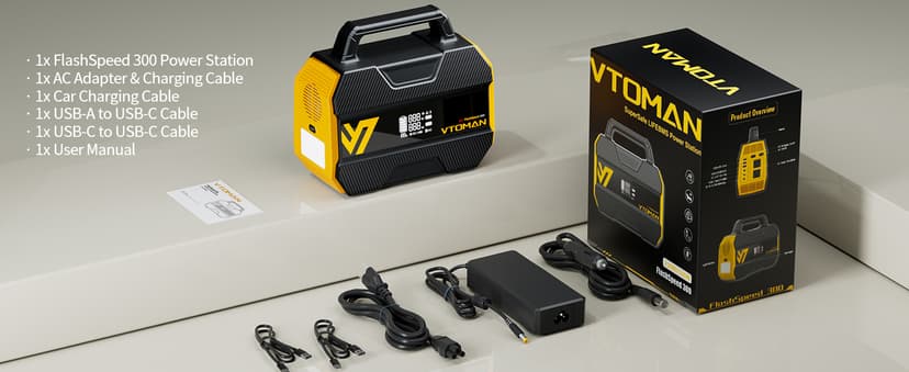 VTOMAN FlashSpeed 300 Portable Power Station 70000mAh, Only 7.4lbs with 7 Outlets, LiFePO4 Generator with Up to 600W AC Outlet, 12V/24V DC Input Adapt RV/Van, PD 100W Type-C for Power Outage, Camping