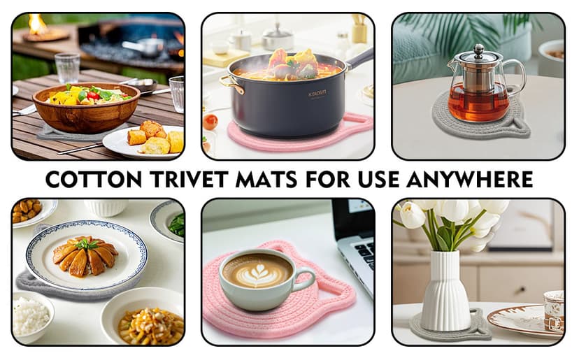 7.2 Inch Trivets for Hot Dishes, 2Pack Cotton Trivets for Hot Pots and Pans, Heat Resistant Hot Pads for Kitchen, Cat Ear Large Coaster Trivet Set, Hot Plate Mats for Kitchen Countertops (Light Gray)