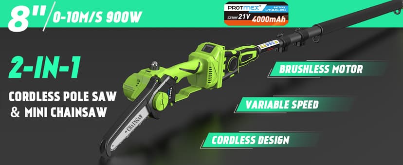 2-in-1 Cordless Pole Saw 8 Inch&Mini Chainsaw, with 2×4.0Ah 21V Battery and Charger, Brushless Motor, Total Reach of Max 15ft, Electric Pole Saw for Tree Trimming and Hedge Cutting