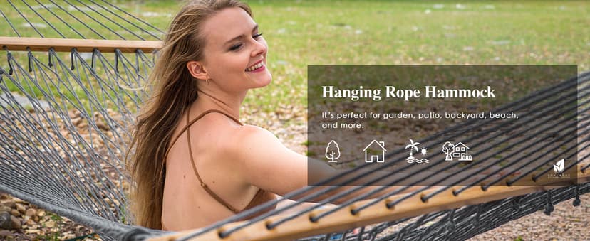 SUNCREAT Double Outdoor Hammock, Polyester Rope Hammock with Strong Spreader bar, Gray