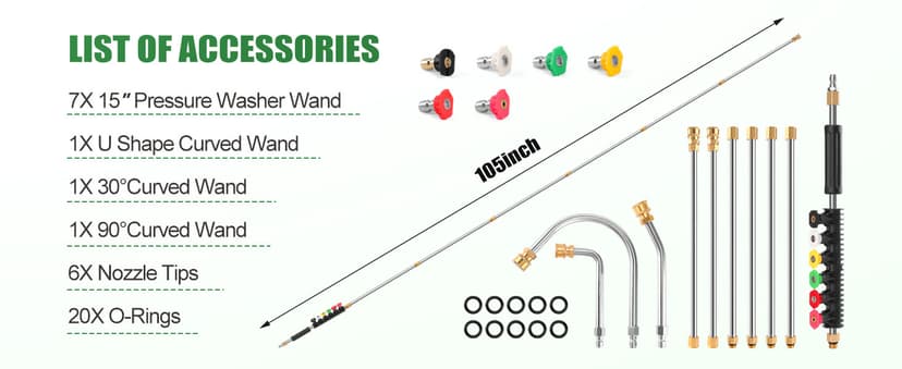 Gutter Cleaning Tools From the Ground, 10 Pack 9 FT Pressure Washer Extension Wand, Power Washer Lance With 6 Pressure Washer Spray Nozzle Tips, 30°, 90°, 120° Gutter Cleaner Curved Rod, 4000 PSI
