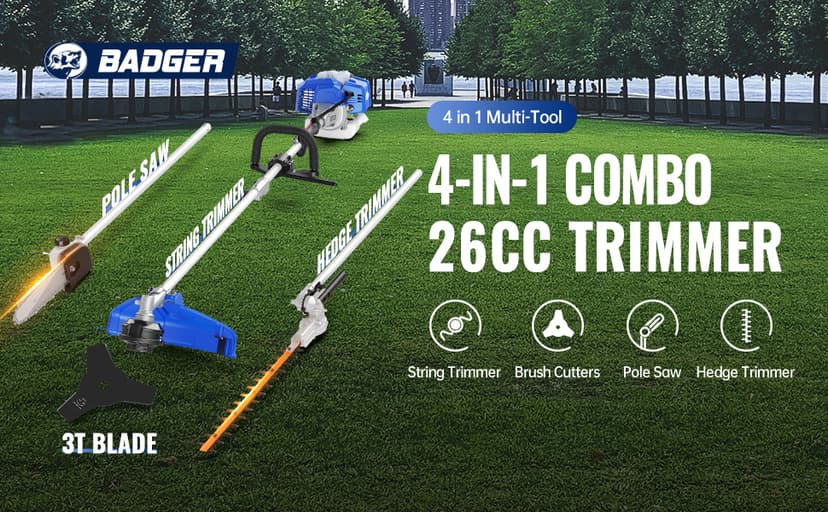 26cc Weed Wacker Gas Powered, String Trimmer/Edger, Pole Saw, Hedge Trimmer and Brush Cutter Blade, 4-in-1 Multi Yard Care Tools, Rubber Handle & Shoulder Strap Included