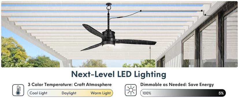 EKIZNSN 42“ Wet Rated Gazebo Ceiling Fans Outdoor Hanging for Patios Waterproof, Pergola Ceiling Fan with Light, Hook Installation, Black