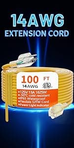 HUANCHAIN 12/3 Gauge Heavy Duty Outdoor Extension Cord 100 ft Waterproof with Lighted end, Flexible Cold-Resistant 3 Prong Electric Cord Outside, 15Amp 1875W 12AWG SJTW, Yellow, ETL