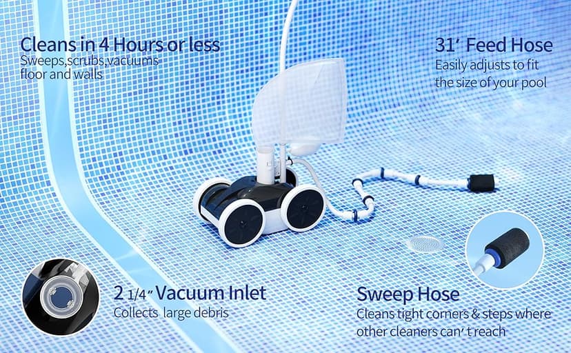 Upgrade Pool Pressure Side Sweeper: Professional Solution for Cleaning Your Swimming Pool (Four Wheels Better Than Three)