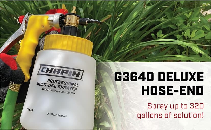 Chapin G364D Made in the USA 32 Ounce Professional Lawn and Garden Hose-End Sprayer With 16 Mixing Rations on the Metering Dial, Built-in Anti-Siphon, Translucent White