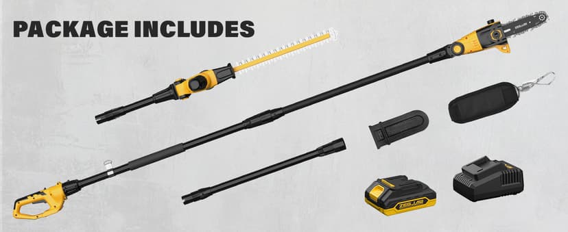 Pole Saw 8-Inch Cordless Tree Trimmer and 18-Inch Pole Hedge Trimmer 2-In-1,15-Feet Max Reach, Auto Oiling, Telescoping Pole Chainsaw with 2.0Ah Battery & Charger