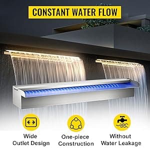 VEVOR Pool Fountain Stainless Steel, Pool Waterfall 23.6" x 4.5" x 3.1"(W x D x H) with LED Strip Light, Waterfall Spillway Rectangular Garden Outdoor