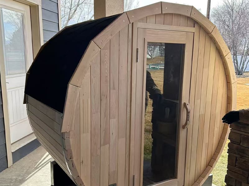 Outdoor Sauna 4 Person, Canadian Hemlock Barrel Sauna with 4.5KW ETL Heater, 220V, Waterproof System, Asphalt Shingles, Rubber Base(0-195℉)
