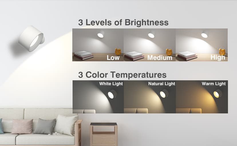 Battery Operated Wall Light, LED Lamp with 360°Adjustable Lighting Indoor Light 3 Color Modes Brightness Levels Touch Control, Mounted for Bedroom Reading Bedside-1Pack White