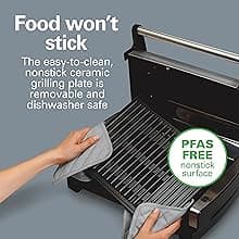 Hamilton Beach Electric Indoor Searing Grill with Viewing Window & Adjustable Temperature Control to 450F, 118 sq. in. Surface Serves 6, PFAS-Free Removable Nonstick Grate, Stainless Steel