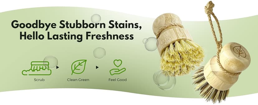 Bamboo Dish Brush Set of 3, 100% Plant-Based Kitchen Dish Brush Bamboo with Sisal and Coconut Bristles, 2 Brush Types, No Scratch Wood Sish Scrub Brush for Dishes, Quick-Drying, Odor Free