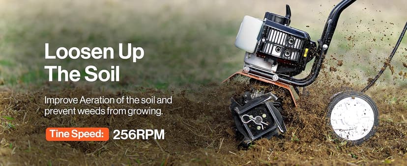 SuperHandy 52cc 2 Stroke Gas Mini Tiller Cultivator - 1.8HP, 4 Adjustable Steel Tines, Forward Rotation, 10" Tilling Width - Ideal for Garden, Lawn, Soil Cultivation, Weed & Digging