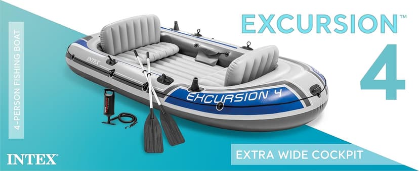 INTEX Excursion Inflatable Boat Series: Includes Deluxe 54in Boat Oars and High-Output Pump – SuperTough PVC – Adjustable Seats with Backrest – Fishing Rod Holders – Welded Oar Locks