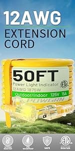 50 ft 12/3 Outdoor Extension Cord Waterproof Heavy Duty with Lighted Indicator End 12 Gauge 3 Prong, Flexible Cold-Resistant Long Power Cord Outside, 15Amp 1875W SJTW Yellow ETL Listed