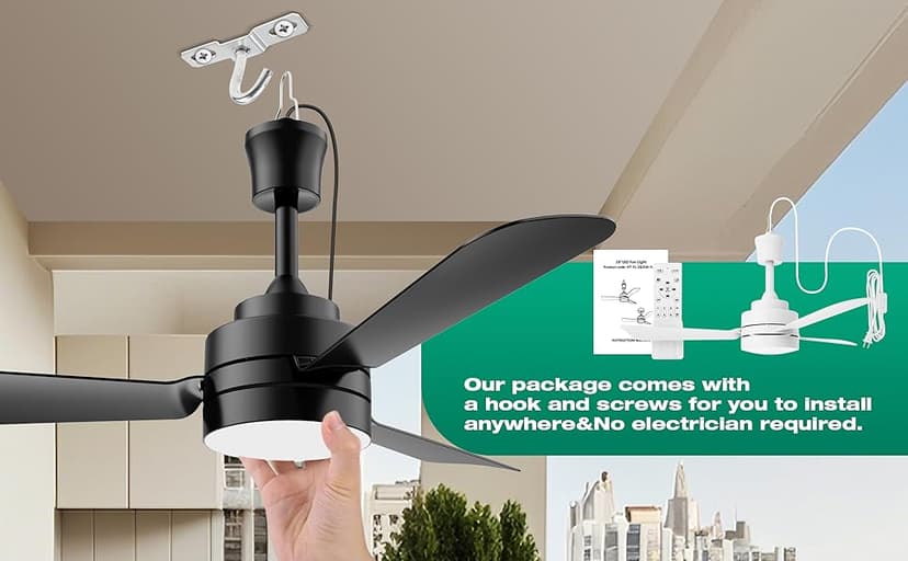 Ceiling Fans with Lights,28" LED Fan Light Hanging with Hook,Hook Type Ceiling Fan,Plug in Ceiling Fan Light,35W,3000-6500k,Remote Control,Portable Fan for Camping Bed,Patios,(Black)